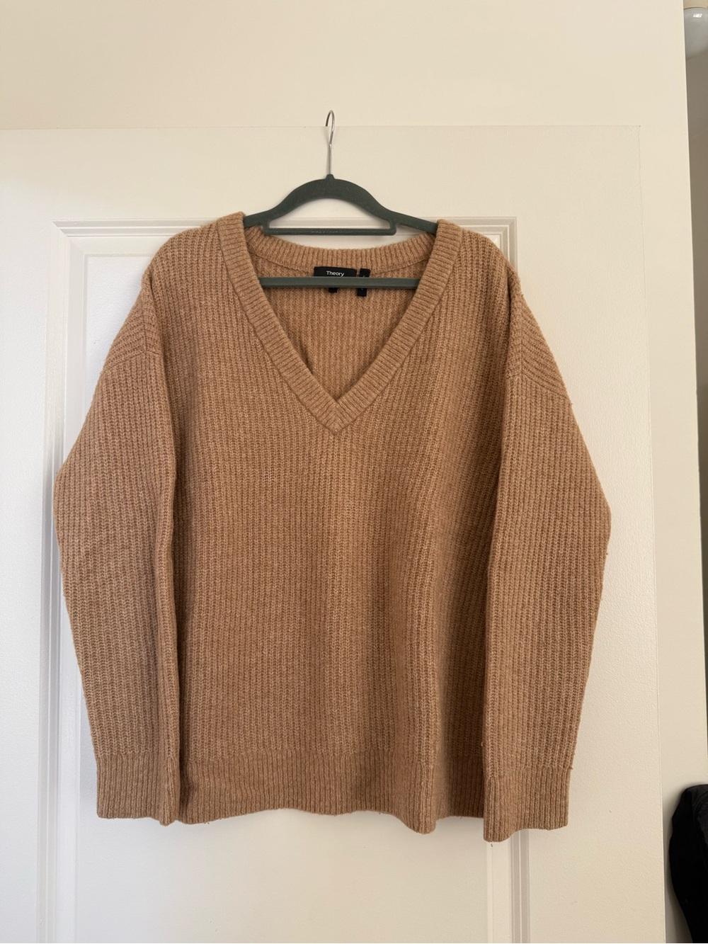 Theory Women’s Camel V-Neck Ribbed Sweater